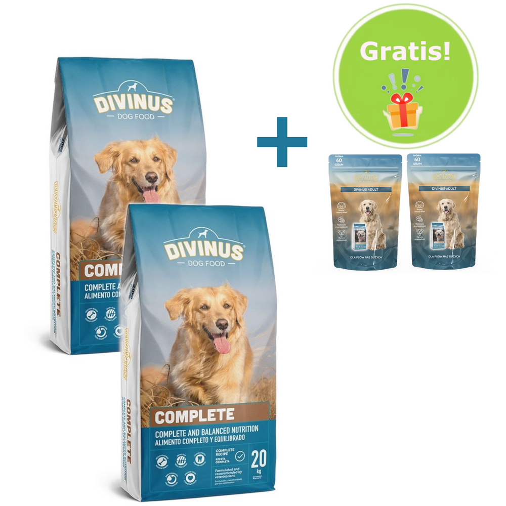 Kody rabatowe Divinus Complete witaminy i minerały - sucha karma dla psa - 2x20 kg + Gratis!