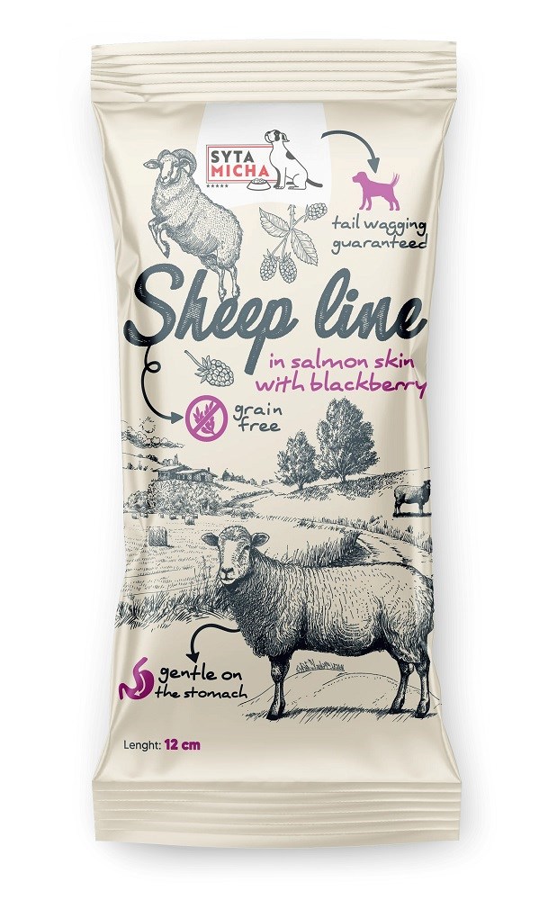 Kody rabatowe Krakvet sklep zoologiczny - SYTA MICHA Sheep line Owca w skórze łososia z jeżyną - gryzak dla psa - 12 cm