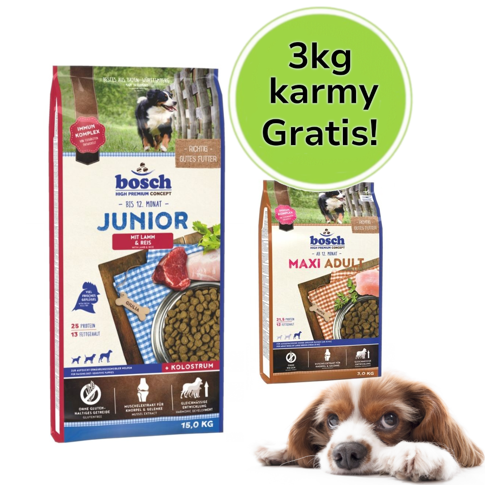 Kody rabatowe BOSCH Junior Lamb & Rice - sucha karma dla psa - 15 kg + 3 kg karmy Gratis!