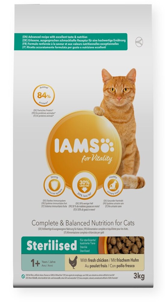 Kody rabatowe IAMS for Vitality Adult Sterilised ze świeżym kurczakiem - sucha karma dla kota - 3 kg