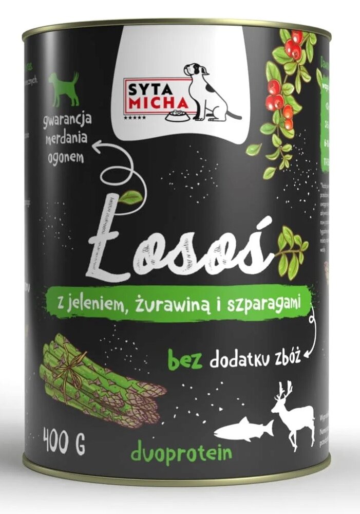 Kody rabatowe SYTA MICHA Łosoś z jeleniem, żurawiną i szparagami - mokra karma dla psa - 400 g