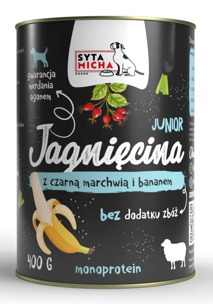 Kody rabatowe Krakvet sklep zoologiczny - SYTA MICHA Junior Jagnięcina z czarną marchwią i bananem - mokra karma dla psa - 400 g
