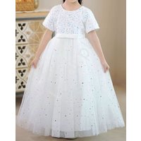 Kody rabatowe Długa biała sukienka wieczorowa dla dziewczynki z cekinami i gwiazdkami 6632