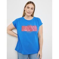 Kody rabatowe Gerry Weber - SAMOON Damski T-shirt z cekinowym detalem 68cm krótkie Okrągły Niebieski Jednokolorowy