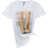 Kody rabatowe Biały t-shirt damski z bucikami zdobionymi cekinami i koralikami