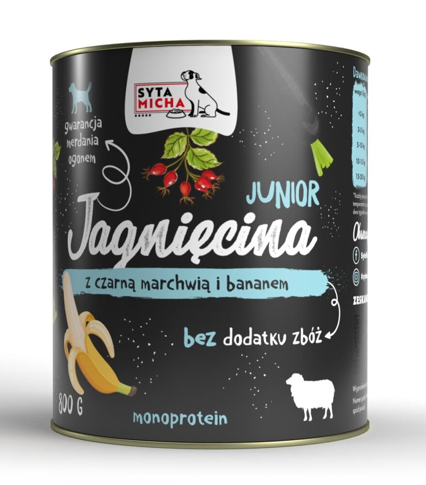 Kody rabatowe Krakvet sklep zoologiczny - SYTA MICHA Junior Jagnięcina z czarną marchwią i bananem - mokra karma dla psa - 800 g